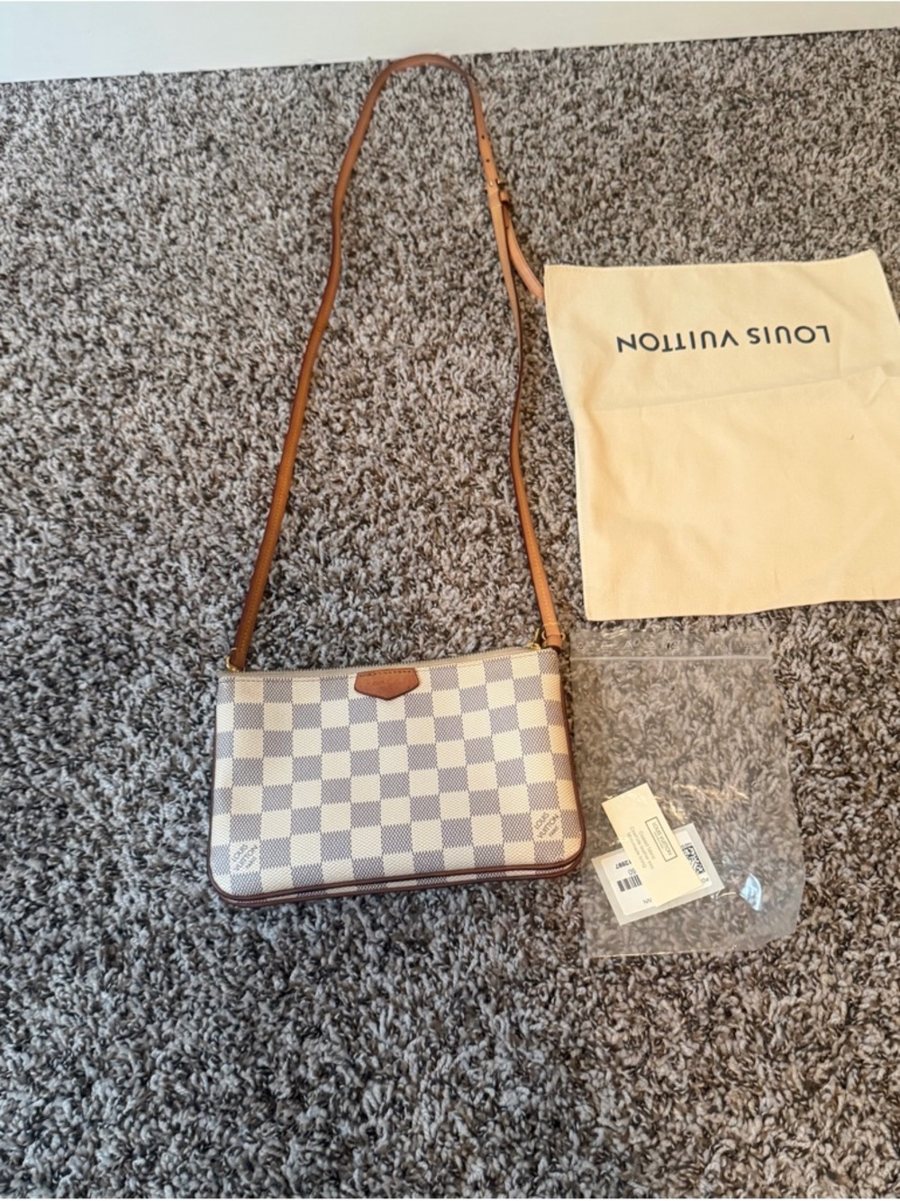 Louis Vuitton White Damier Azur Crossbody with Brown Leather Strap